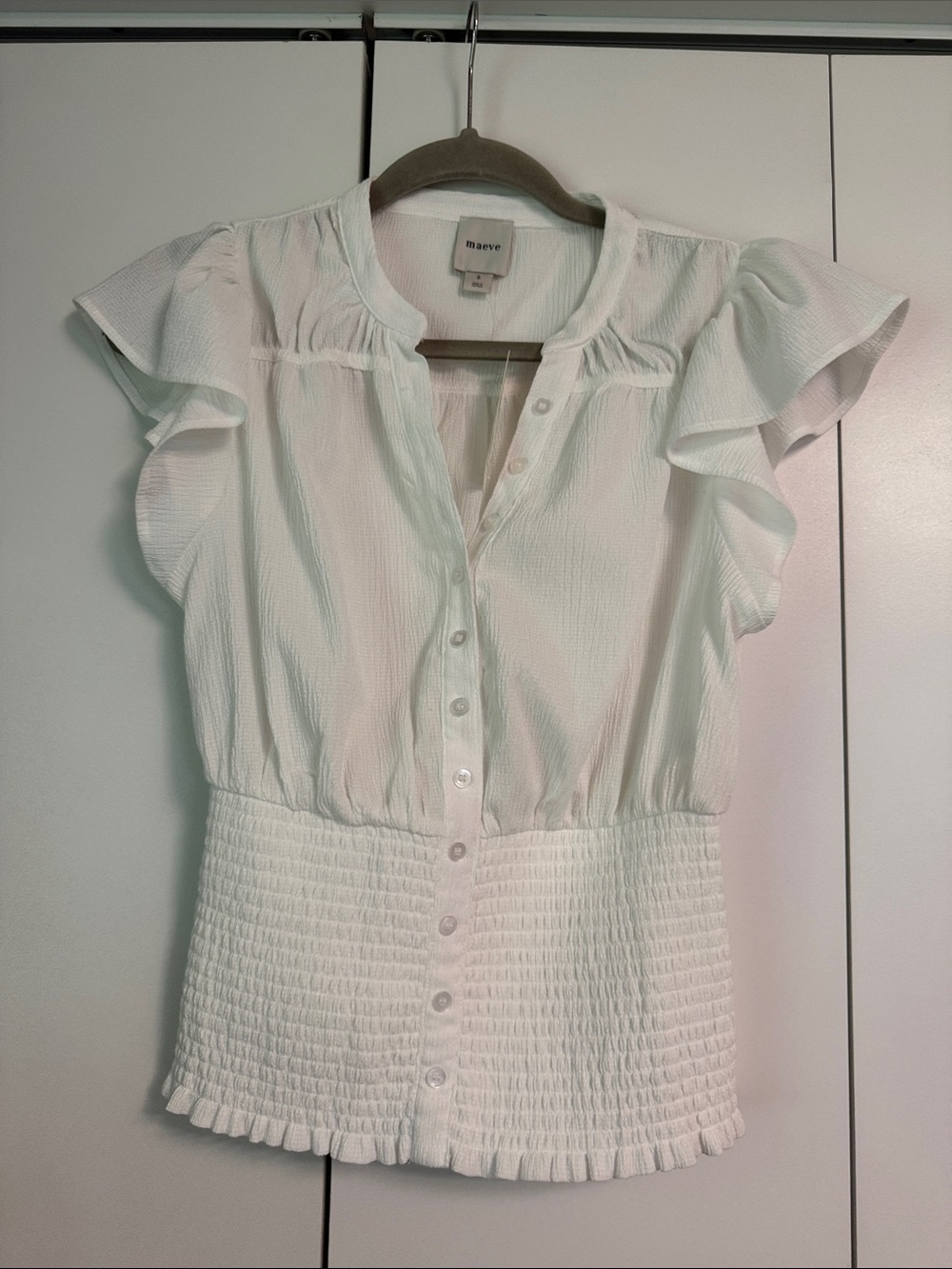 Maeve White Ruffle-Sleeve Button-Front Smocked-Waist Top